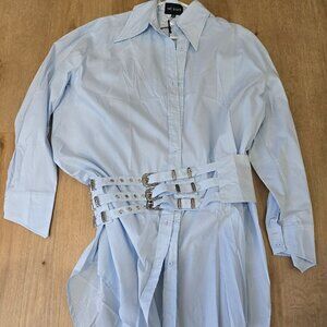 The Sang - Long Sleeve Button Up Front Tunic Mini Shirt Dress w/Stylish Belt NWT